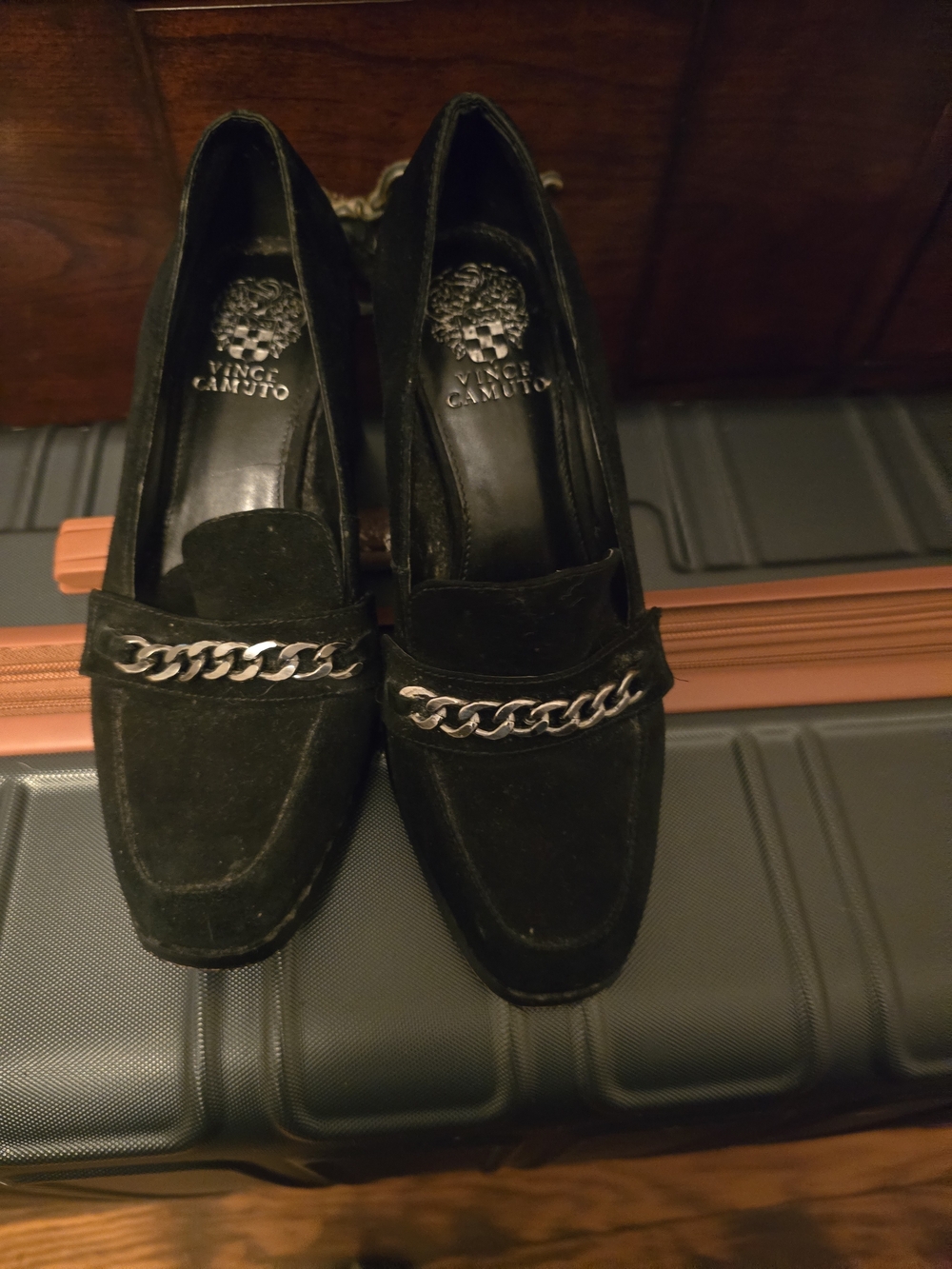 Vince Camuto Black Suede Loafers with Silver Chain